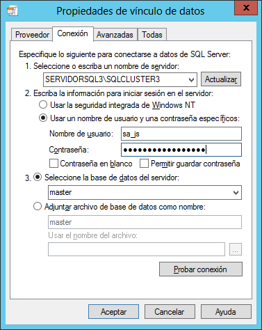 Propiedades del vinculo de datos de SQL Server