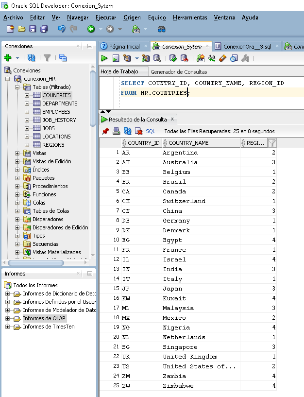 Verificación del esquema HR de Oracle